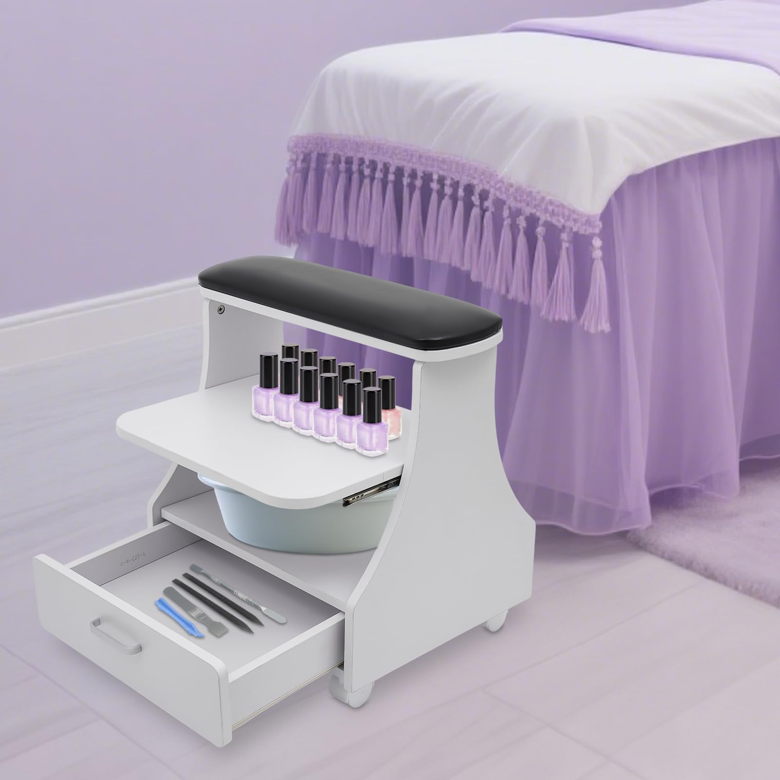 Podnóżek, podnóżek z kółkami, podnóżek, pedicure, wózek do manicure z szufladą, podpórka pod nogi do pielęgnacji paznokci, stojak do salonu piękności, 52 x 41 x 55 cm (czarny)