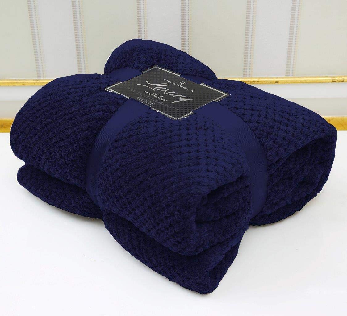 AmigoZone Luxury Popcorn Throw Fleece Blanket Sofa Bed Large Luxury Soft Warm (King, Navy)