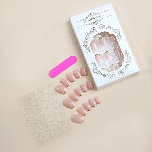 Miniatura 2 de 24 piezas de uñas postizas a presión con punta francesa, uñas postizas cortas cuadradas color rosa nude, uñas postizas brillantes de cobertura