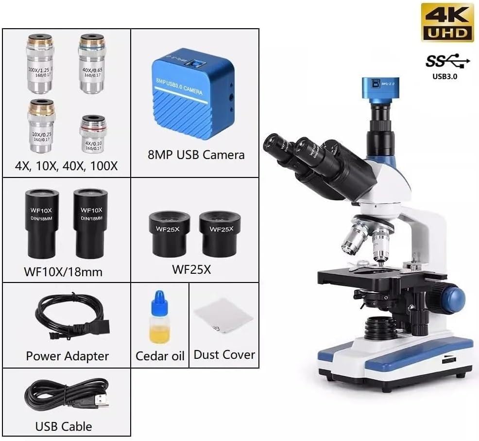 40X-2500X USB Professional Compound Biological Microscope w/Adjutable Mechanical XY 3D Stage for Educational Science Lab Microscope Lens Adapters