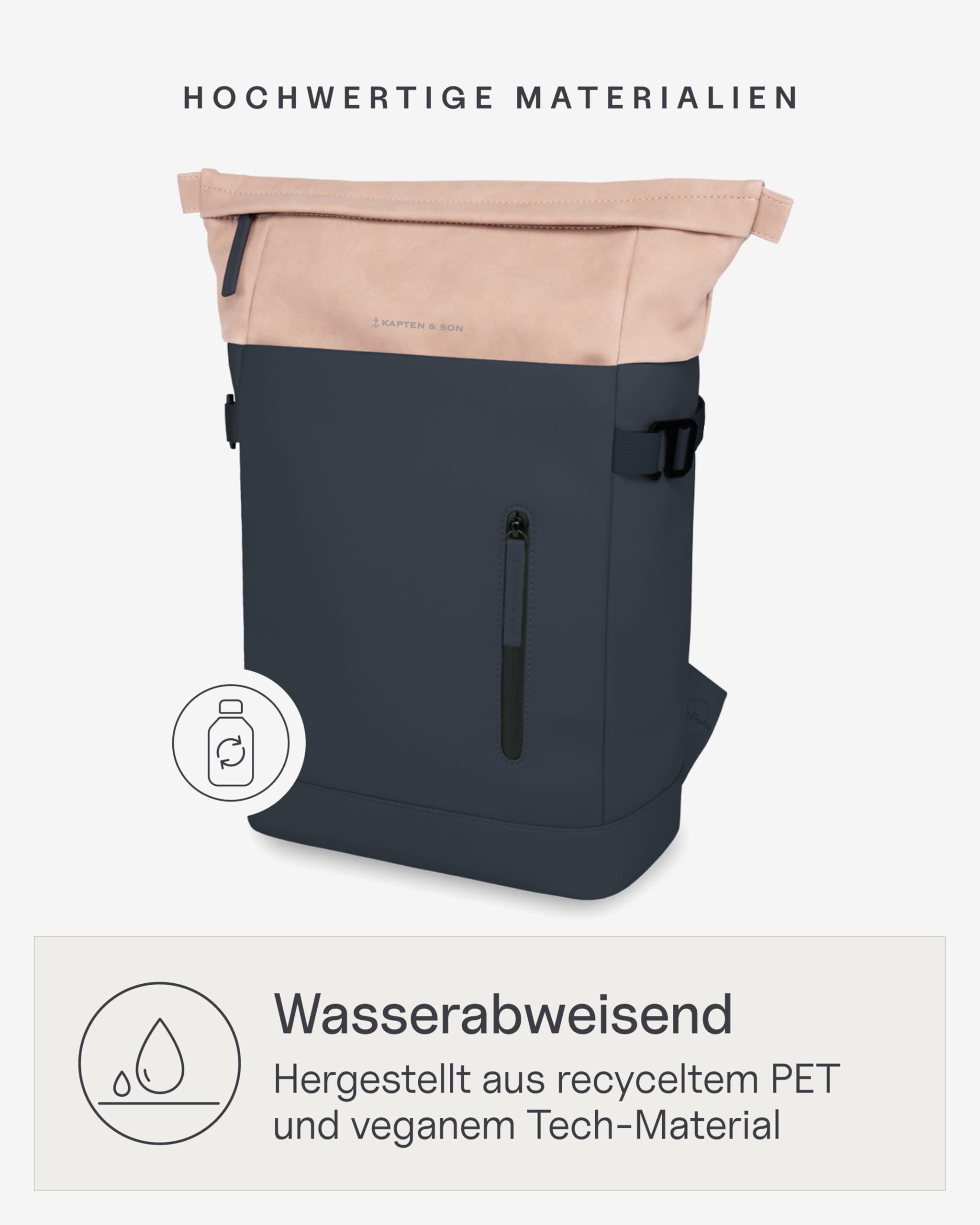 Kapten & Son Rucksack Aarhus Navy Blush 14 L | Rucksack Damen & Herren Blau | Rolltop mit 14" Laptopfach | Backpack ideal für Reisen, City, Uni, Arbeit | wasserabweisend
