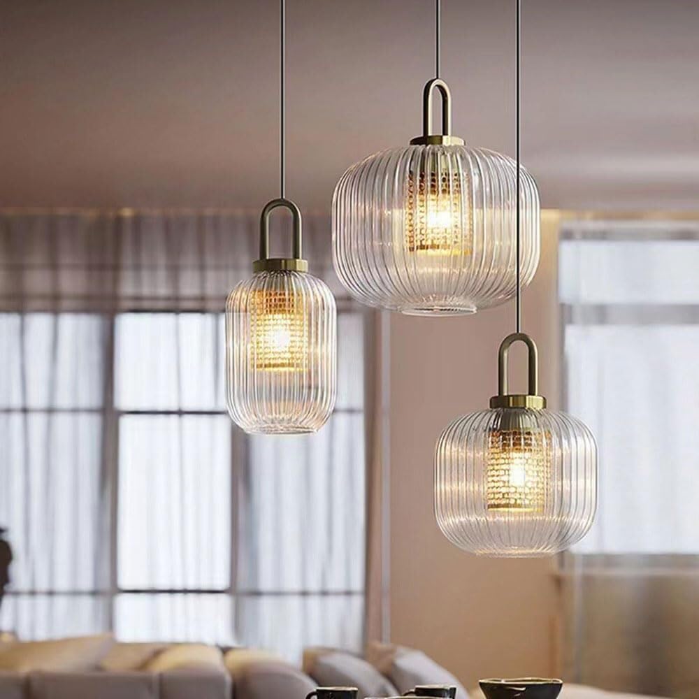 Hanging Lamp, Retro Style Chandelier, E27 Single-Headed Pendant Lamp, Striped Glass Lantern Metal Lighting Fixtures