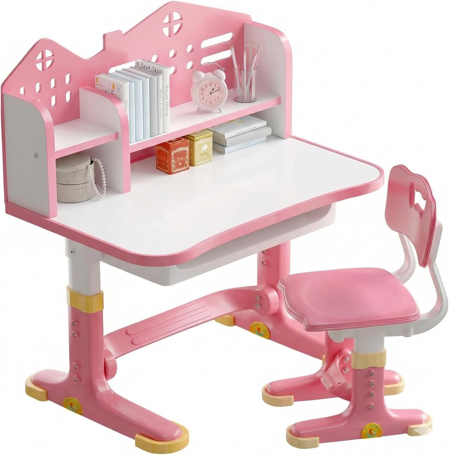 Kids Study Desk and Chair Set, Height Adjustable Children School Study Desk with Castle Backboard,Ergonomic Small Desks Widened Desktop, Study Table with Bookstand Storage Drawer (Pink)