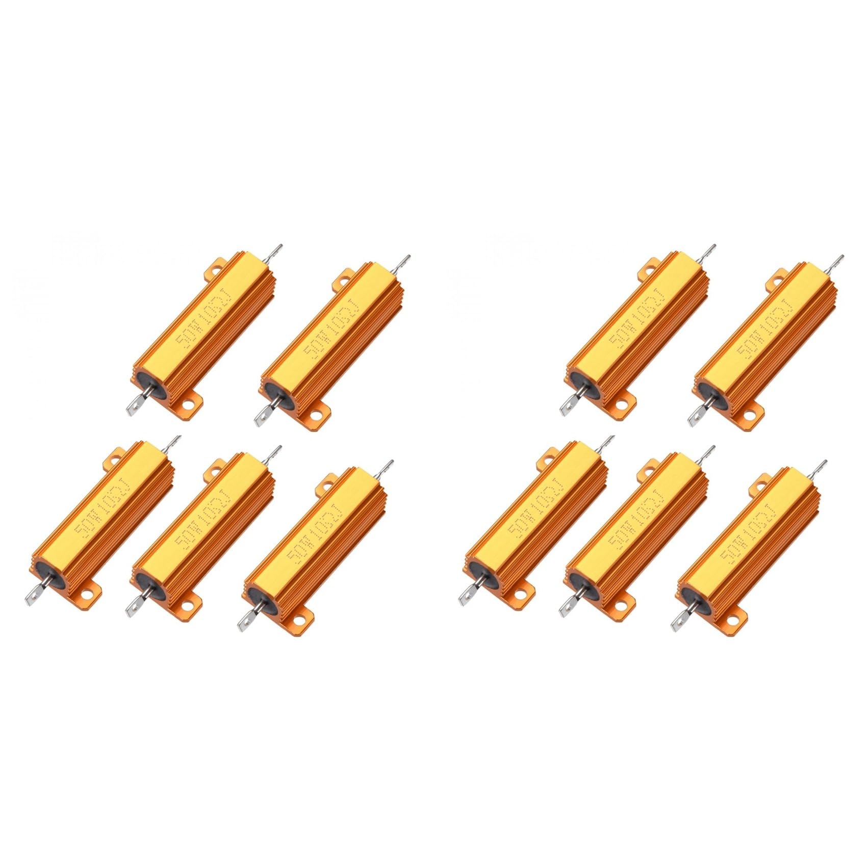 Jnchdghwa Gold 10Pcs 50W 10 Ohm 5% Aluminum Housing Case Resistor, Wirewound Resistors Tap Chassis Mounted, Led Car Resistor