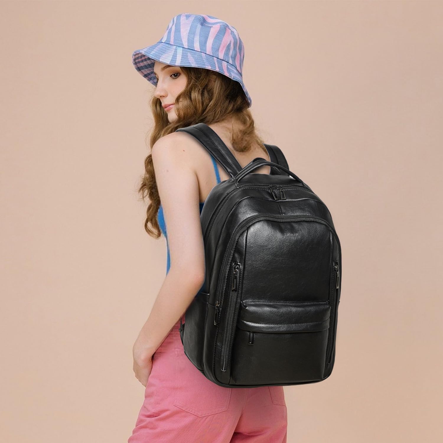 LATMAP Lederrucksack Damen 30L,Rucksack Damen Tagesrucksack Mittel-Groß Laptoprucksack Elegant Handtasche Unisex Lederrucksack mit Geldbörse für Uni Reisen Freizeit