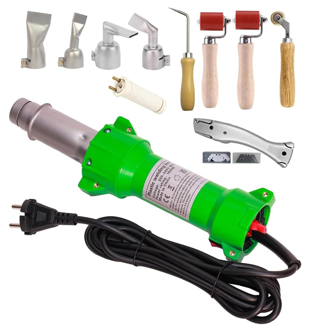 Profesional 1600W Pistola de soldadura de plástico para trabajos de soldadura de plástico, pistola de aire caliente PE, soldadura con pistola, iluminación LED, con boquillas de soldadura plana, rollo