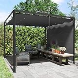 Outsunny 3 x 3(m) Garden Pergola with Retractable Roof Canopy and Roller Shade, Aluminium Pergola Kit Gazebo, UPF30+ Sun Shade Shelter for Deck, Porch, Dark Grey