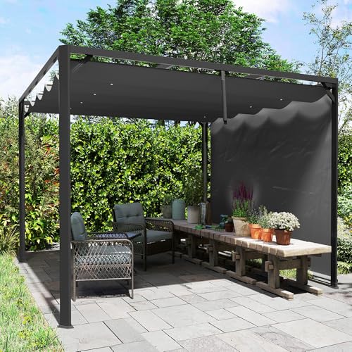 Outsunny 3 x 3(m) Garden Pergola with Retractable Roof Canopy and Roller Shade, Aluminium Pergola Kit Gazebo, UPF30+ Sun Shade Shelter for Deck, Porch, Dark Grey