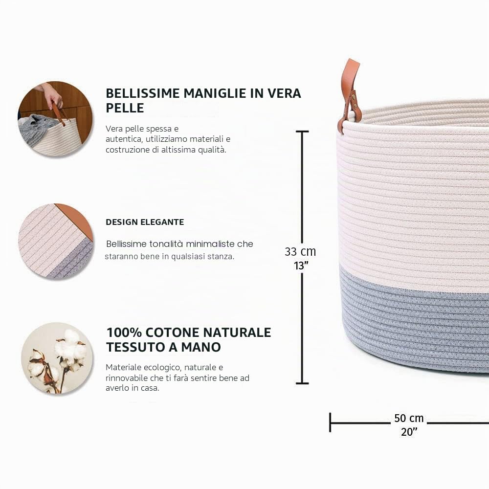 OrganiHaus Cesto extra large in corda di cotone, cesto per la biancheria, per la cameretta dei bambini, per riporre giocattoli, coperte, scarpe, per corridoio, grigio, 50 x 33 cm