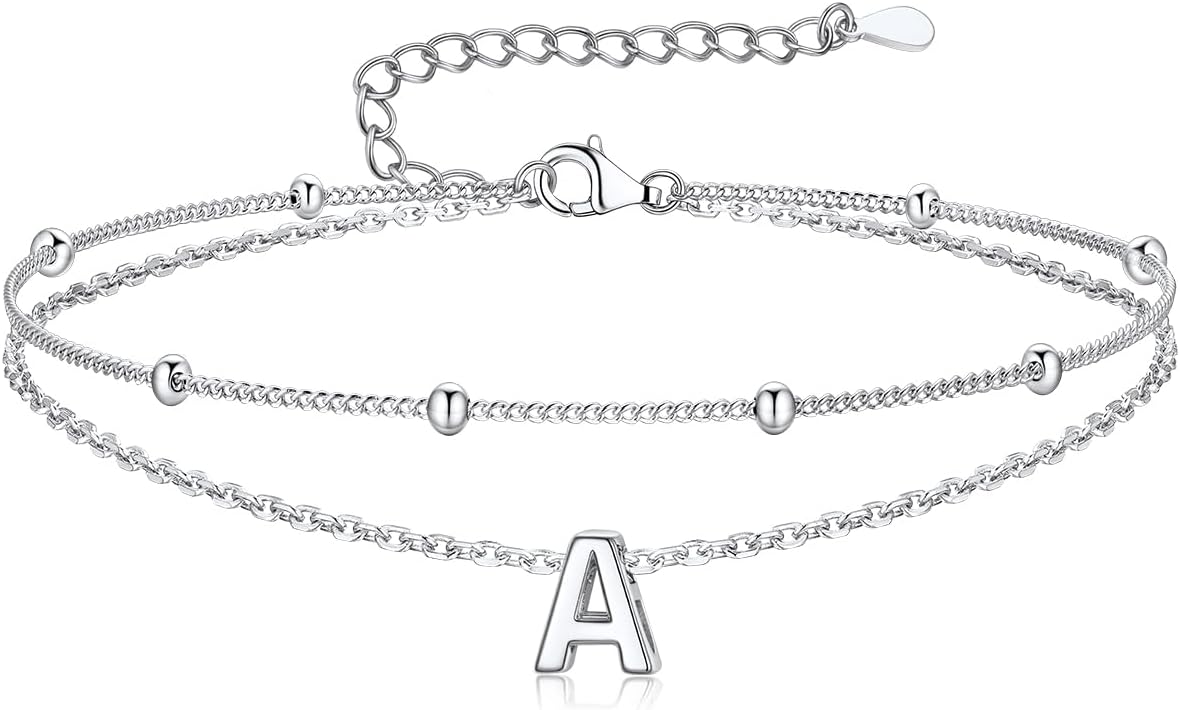 Suplight Sterling Silver Ankle Bracelets for Women Layered Dainty Initial Anklets Foot Chain Beaded Plus Size Anklets for Women Beach Waterproof Jewelry 8.7"+2"