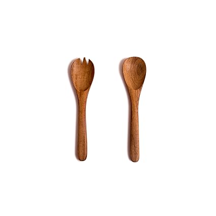8 Inch Acacia Wood Salad Server Set Wooden Mixing Tongs Dinner Fork & Spoon Serving Utensils For Tossing Salad Handmade Cookware Salad Cooking Utensils & Accessories For Kitchen, Natural Brown