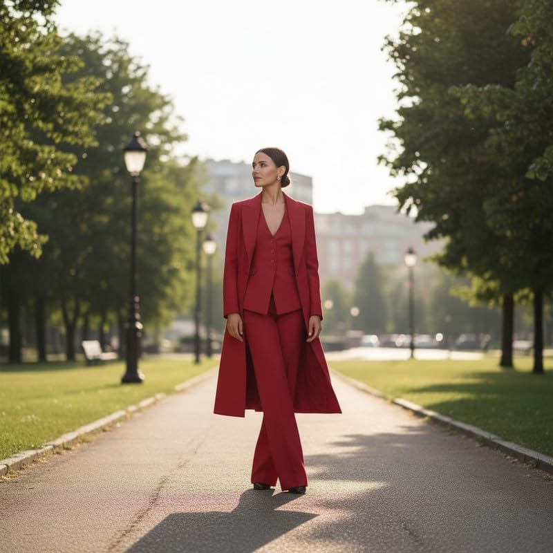 Women's Solid Color 3 Piece Suit Peak Lapel Long Blazer V Neck Vest Pant Suit for Wedding Guests