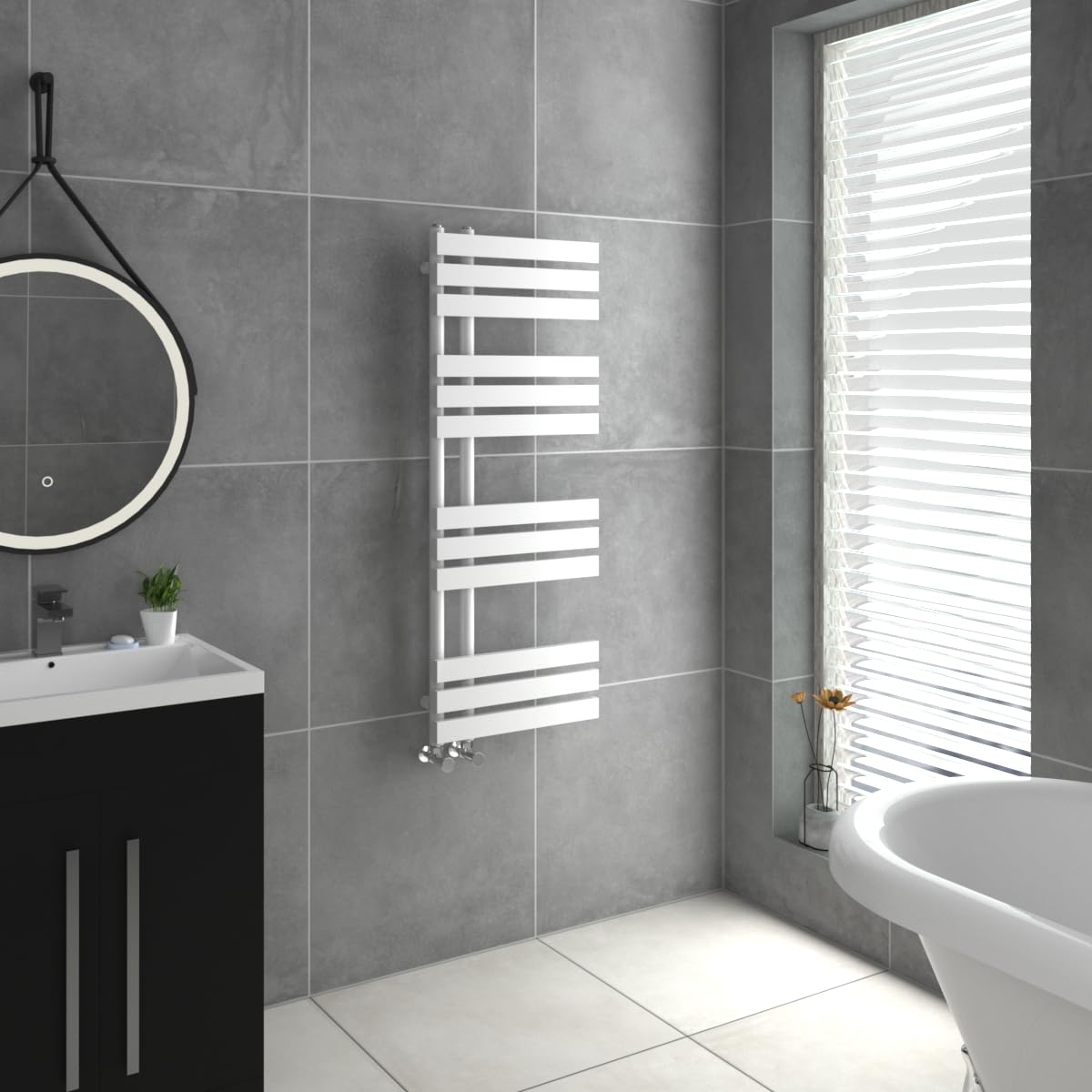Warmehaus White Designer Heated Towel Rail D Shape Bathroom Ladder Style Radiator Warmer Central Heating 1200X450mm