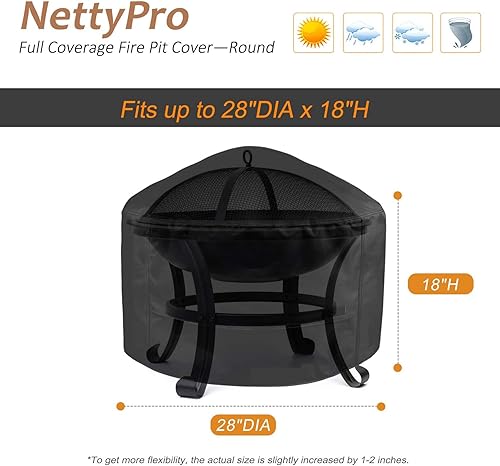 Miniatura 2 de NettyPro Cubierta para Fogata Redonda Impermeable para Exteriores Cubierta para Fogata para Mesa de Fogata de Gas Propano, 28 x 18 pulgadas, Negro