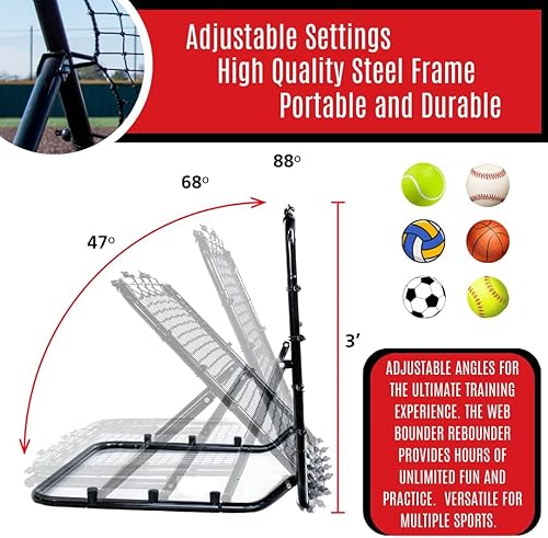 Miniatura 9 de Web Flex Spider Series Rebounder 3 x 3 pies y red de calcetines de béisbol y sóftbol de 7 x 7 pies  Red de paso trasero ajustable + red de golpeo