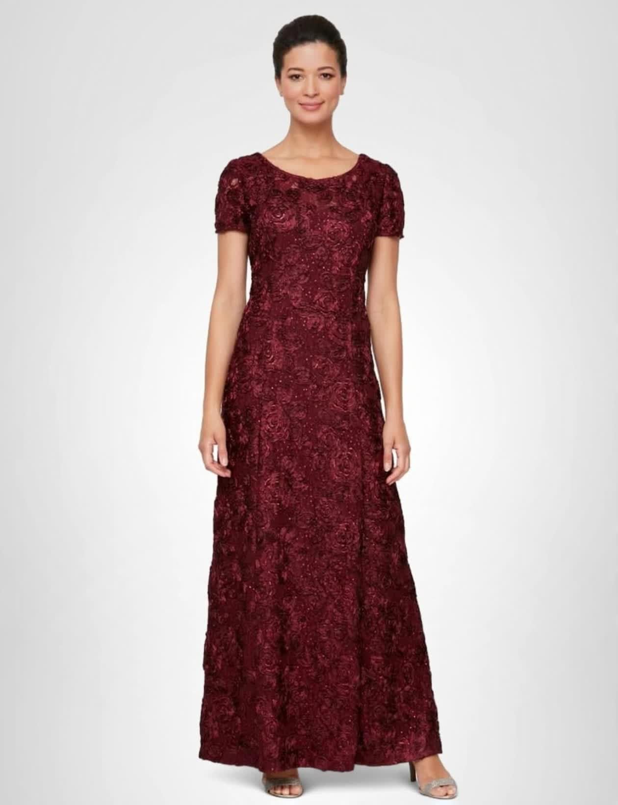 Alex Evenings Women's Long Rosette Mother of The Bride Dress with Short Sleeves