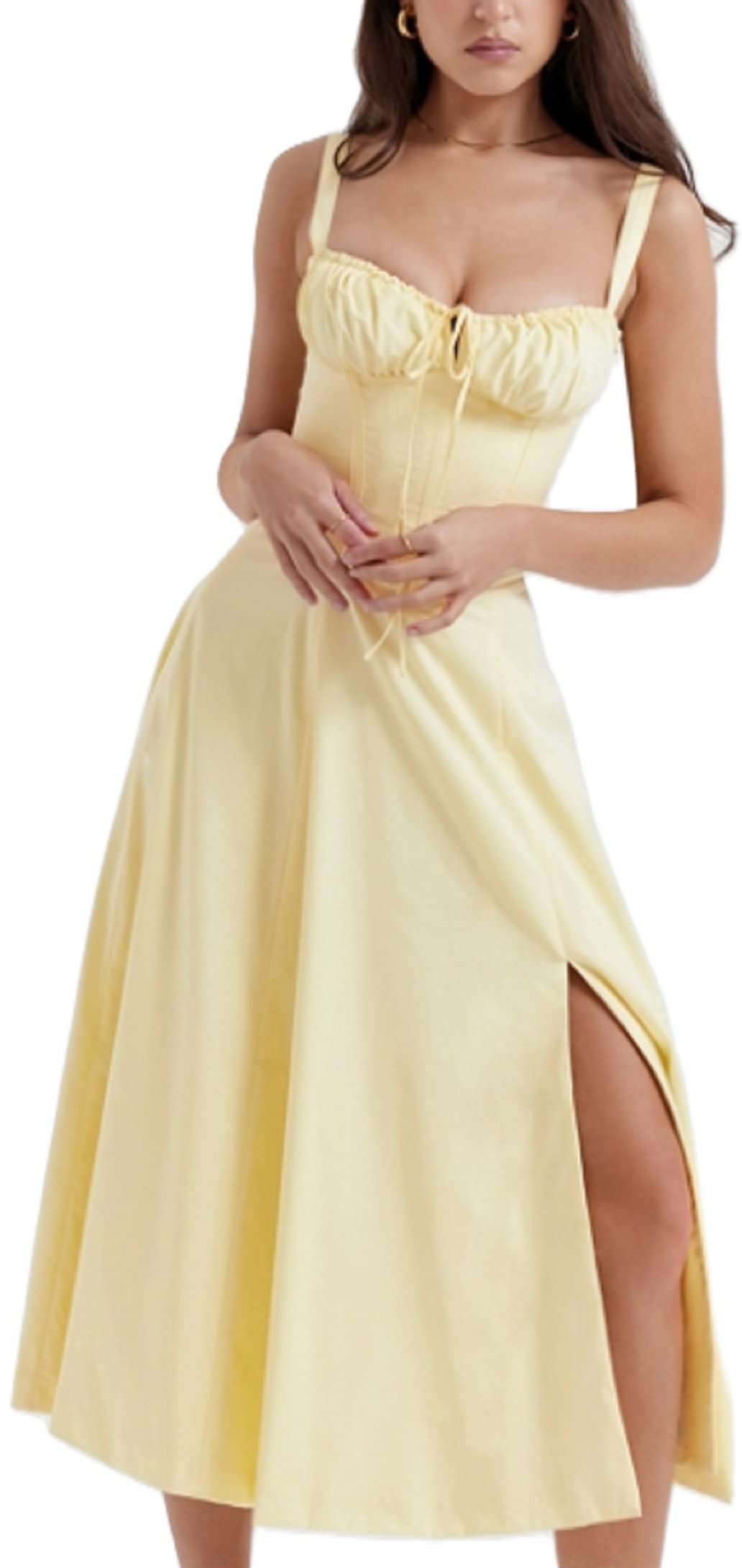 CreaionWomen Y2k Square Neck Bustier Dress Ruffle Split Backless Maxi Dress Going Out Cocktail Party Corset Midi Dresses Sundress