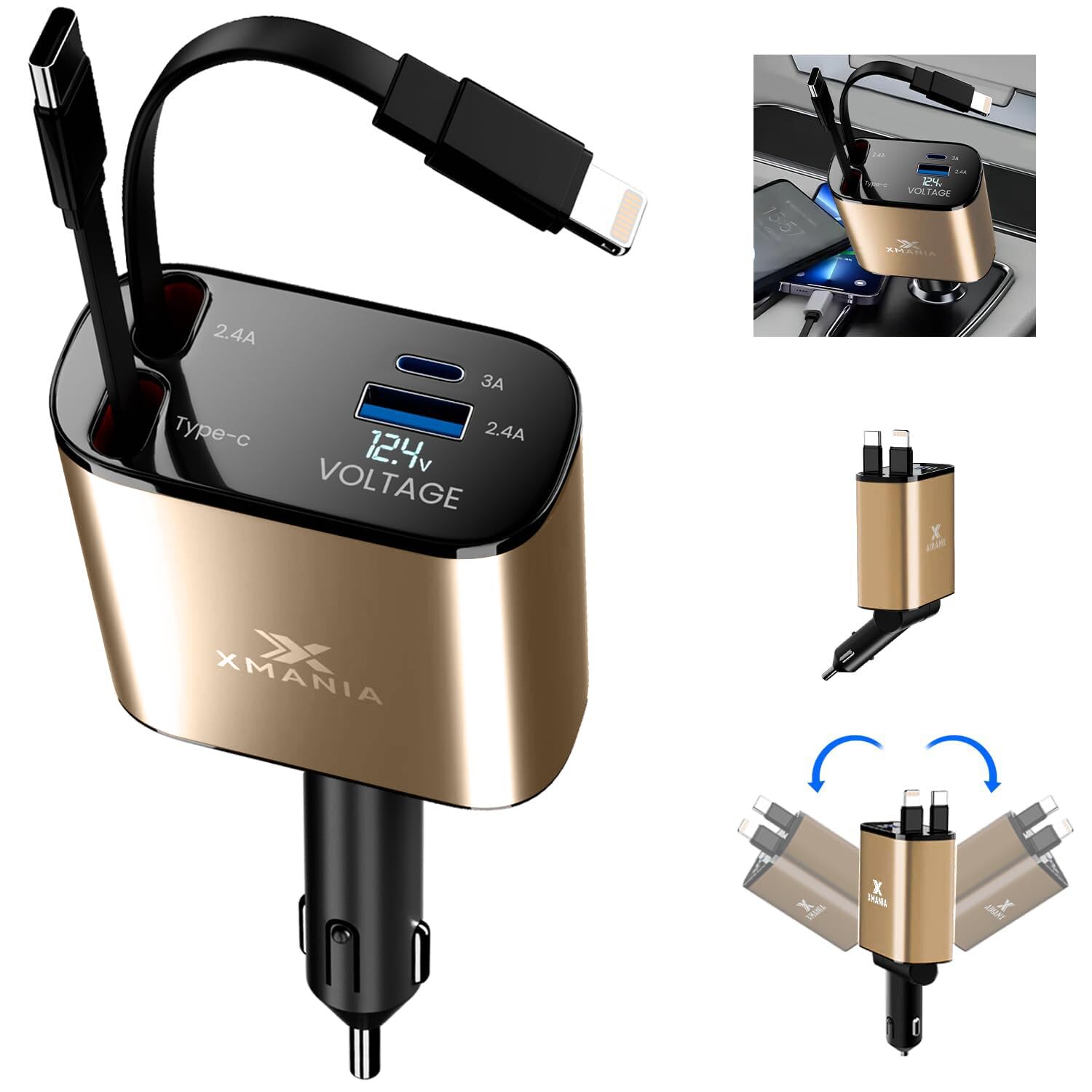Xmania 4 in 1 Retractable Car Charger - Super-Fast 120W Car Charger Retractable Cord 2.6 Ft with 2 USB C Ports, and Voltage Display, Compatible with All iPhone, Samsung, and Pixel Phones, Gold