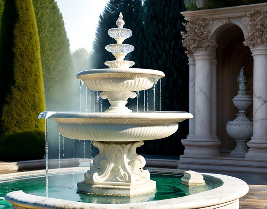 Poster fontaine d'eau à trois niveaux SERENDIPITP, toile 58x90 cm pour déco de jardin