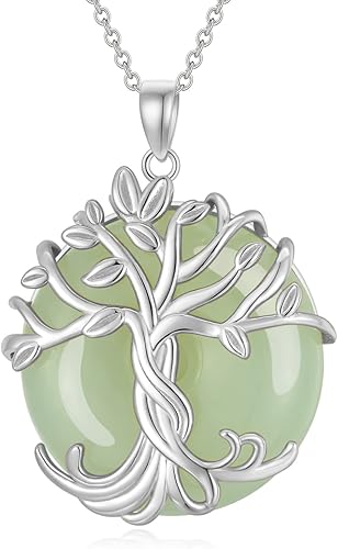 Collar de árbol de la vida chapado en plata de ley de 14 quilates redondo de jade para mujer, madre, hermana, cumpleaños, día de San Valentín, día