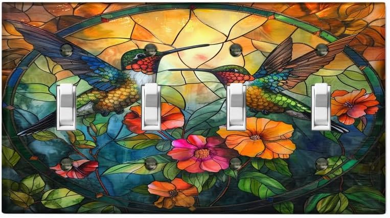 Metal Light Switch Plate Cover; Standard Size 4 Gang Toggle - Humming Birds with Flowers AML110