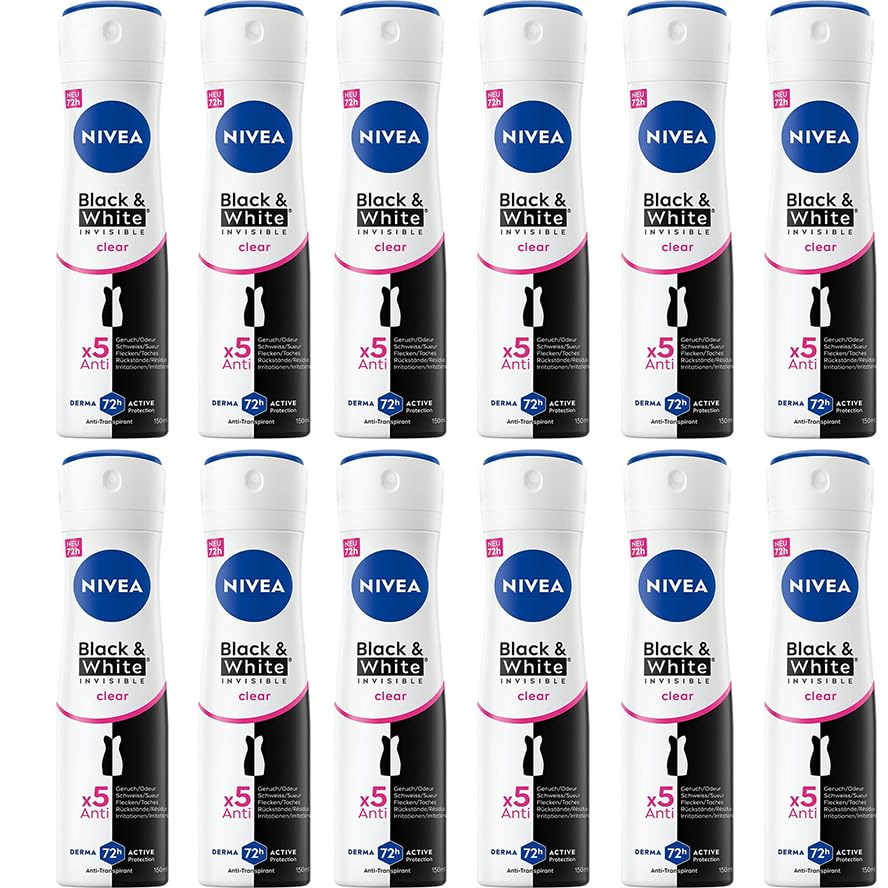 12x NIVEA Black & White Invisible Clear Deo Spray, Anti-Transpirant mit patentierter Anti-Flecken-Formel, Deodorant mit 72h Schutz,150ml (12er Pack)