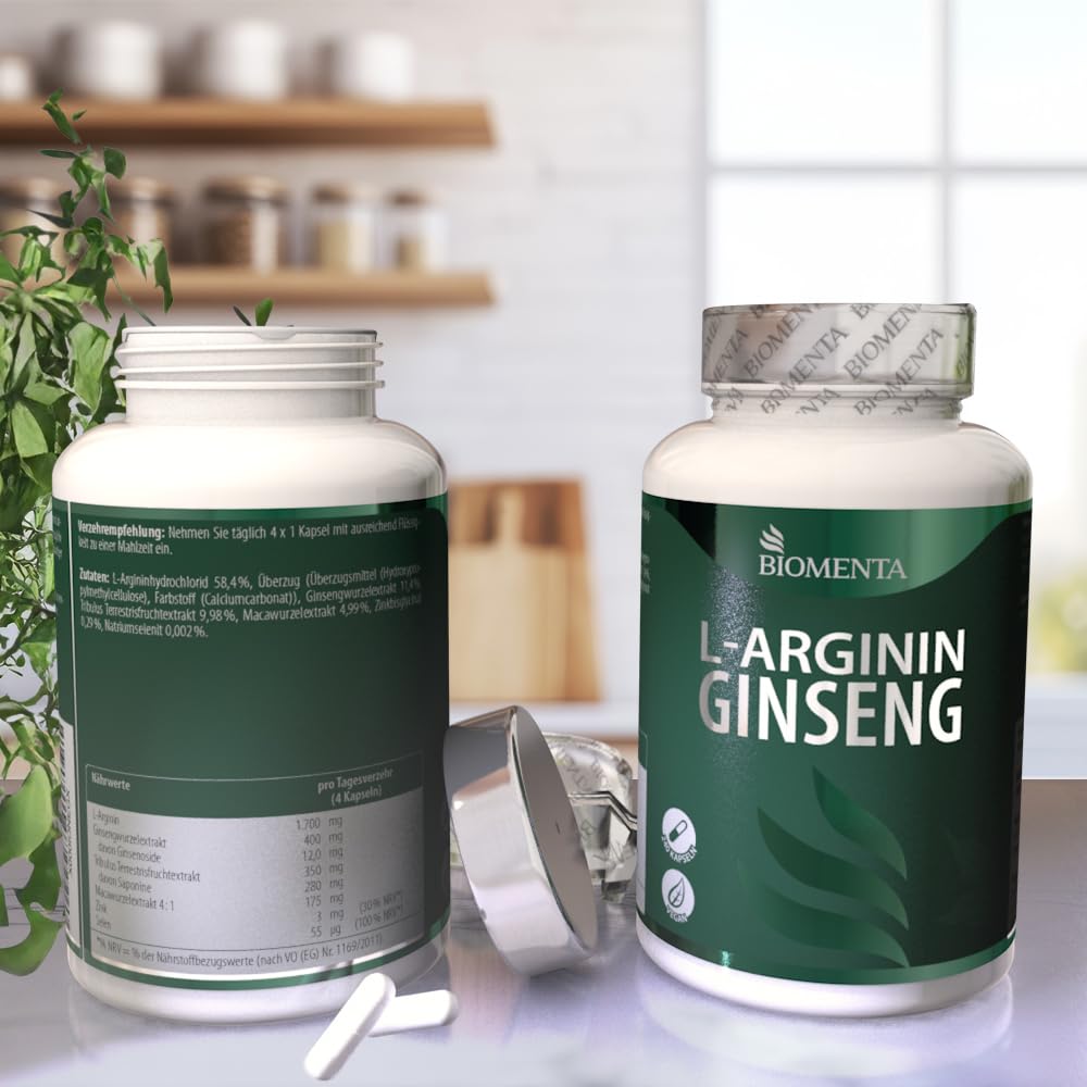 BIOMENTA Arginin Ginseng – 240 hochdosierte Kapseln - Wirkstoff Komplex + neue Rezeptur: Aminosäure, Mineralstoffe, Extrakte: Maca, Tribulus Terrestris, Zink, Selen - vegan - Premiumqualität