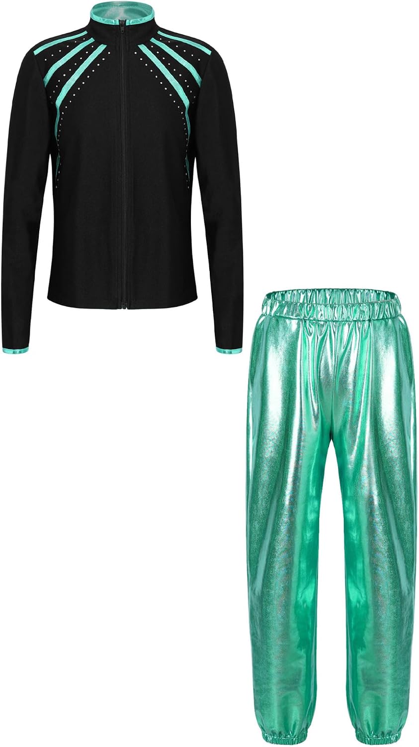 Kaerm Kids Girls Figure Skating Gymnastics Performance Set Rhinestones Metallic Striped Zipper Jacket and Shiny Pants Set