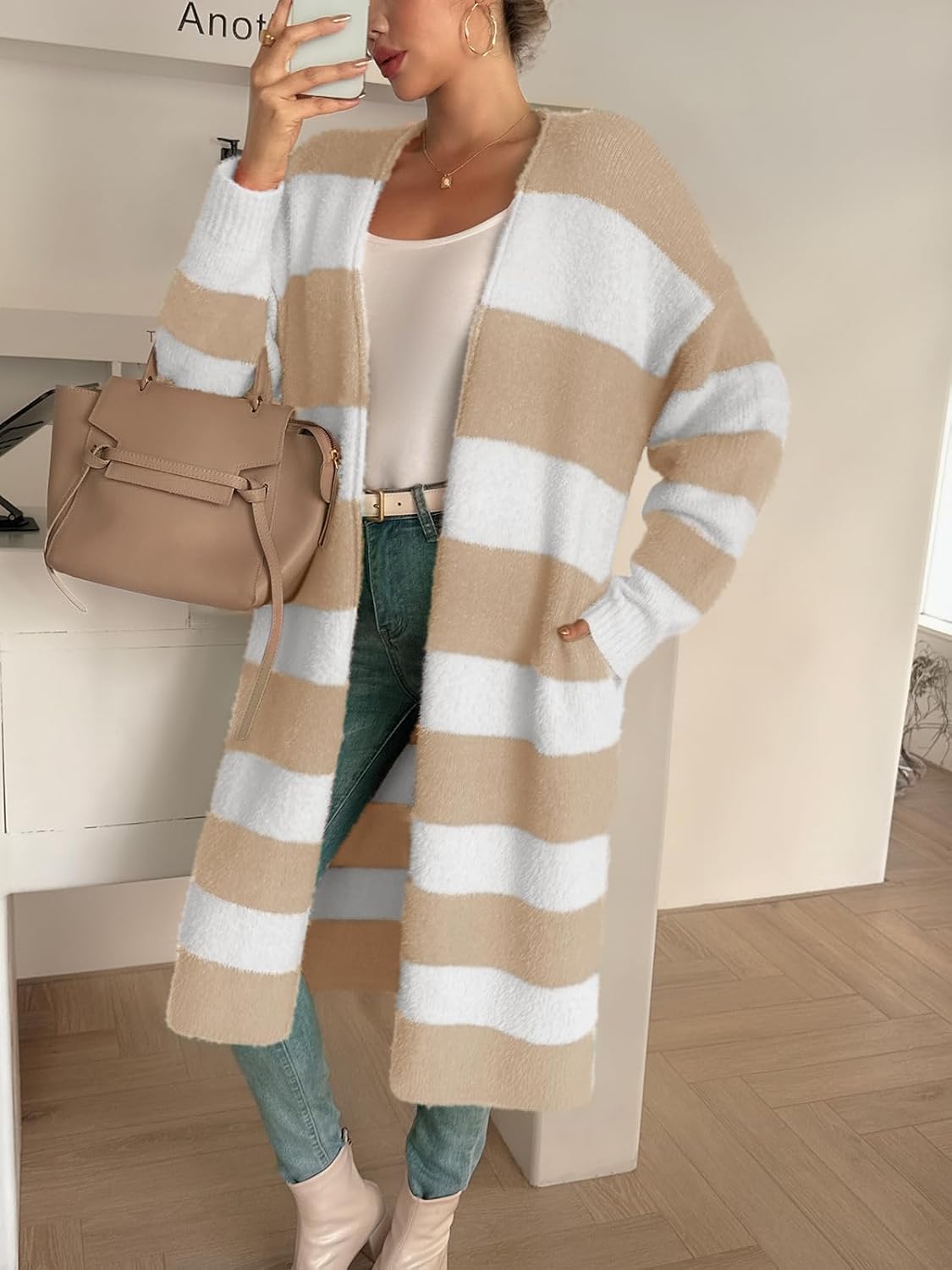 Saodimallsu Womens Striped Long Cardigan Sweaters Open Front Oversized Chunky Fuzzy Knit Fall Duster Sweater Coats - Image 3