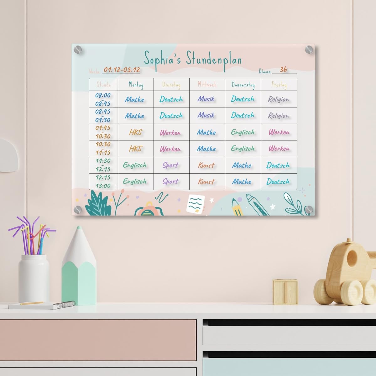 Personalisierter Acrylglas Stundenplan für Kinder abwischbar DIN A3, A2 oder A1 XXL wählbar inkl. Montagematerial und Edelstahl Abstandhalter, langlebig, klarer UV-Druck