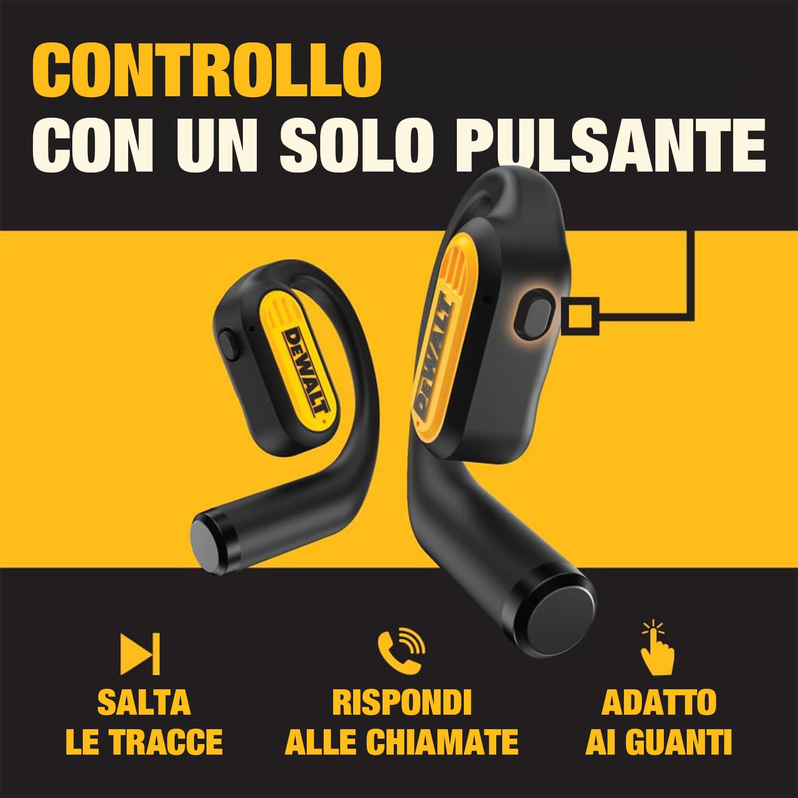 DEWALT Cuffie Open Ear Heavy Duty, Auricolari Wireless Bluetooth 5.3 IP55, Fino a 44 Ore di Autonomia, Suono Premium a Conduzione Aerea con Archetti per Cantieri e Allenamenti