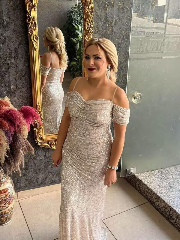 Sparkly Sequin Mermaid Prom Dress 2025 with Slit for Women Off Shoulder Evening Formal Party Gown RA0134