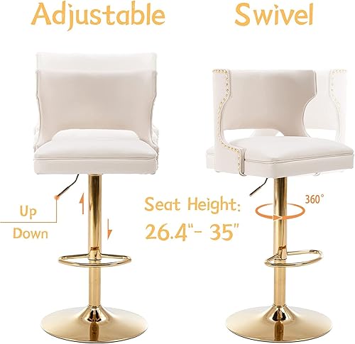 Miniatura 4 de ROCITY Juego de 2 taburetes de bar negros giratorios de altura de mostrador con respaldo de piel sintética con base dorada, isla de cocina moderna
