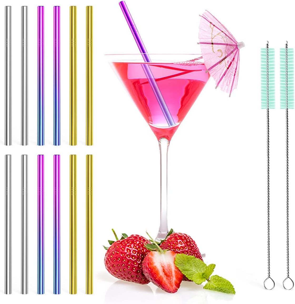 Teivio 12 Pack + Cleaning Brush, 5-inch Extra Short Reusable Stainless Steel Drink Straws for Cocktails, Small Glasses or Cups (Multicolor)