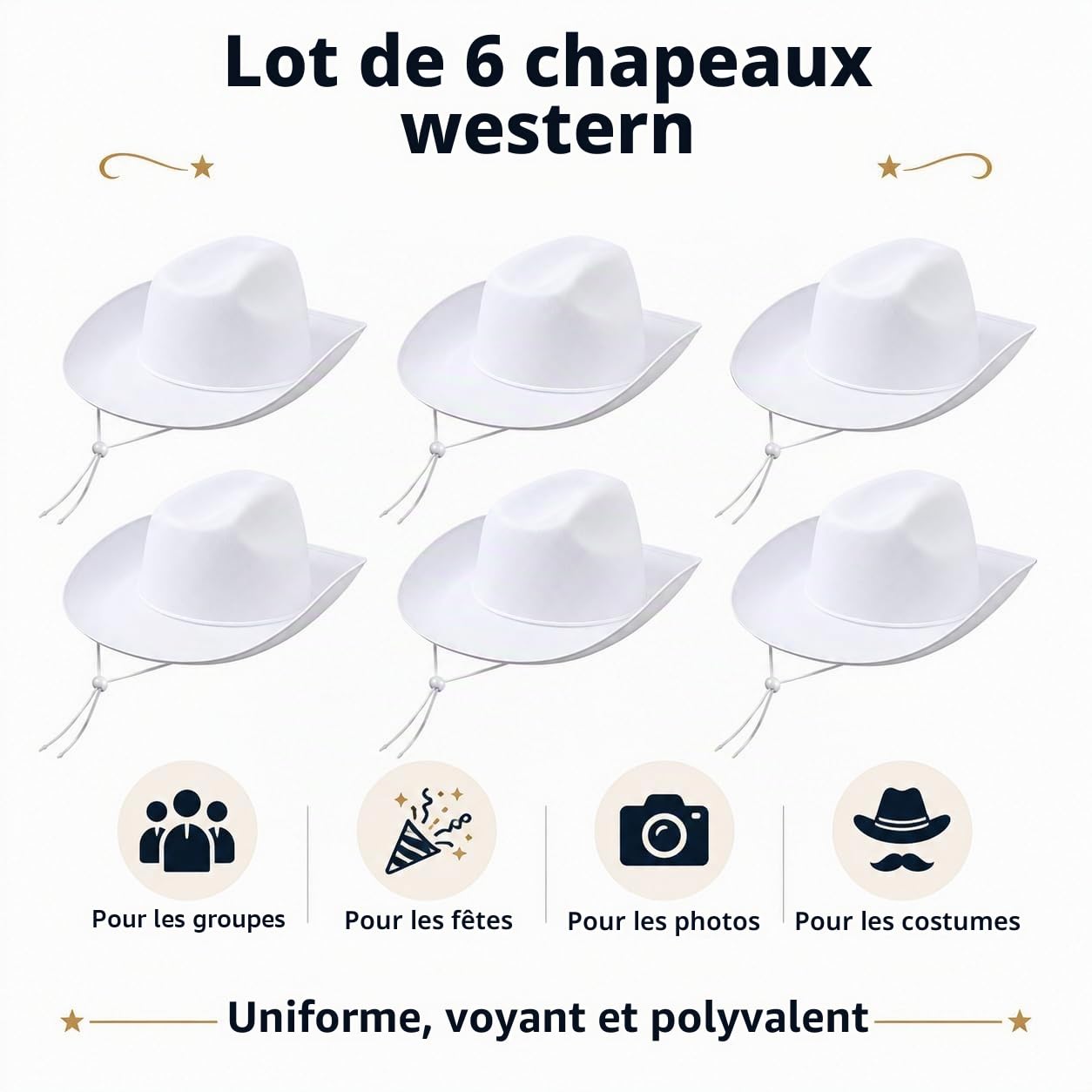 LYCN Lot de 6 chapeaux de cowboy blancs pour homme et femme - Chapeaux de cowgirl occidentaux en feutre avec cordon de serrage réglable au niveau du cou - Pour adolescents, adultes, fêtes, cosplay