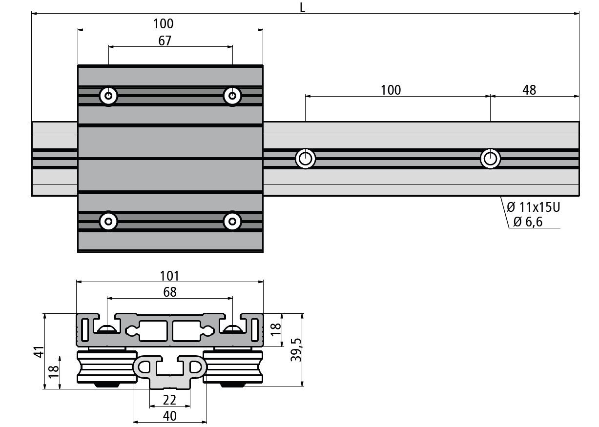 Linear carro con 4 Rodamiento Ruedas de Plástico 100 mm de largo, LWK 12 – 40