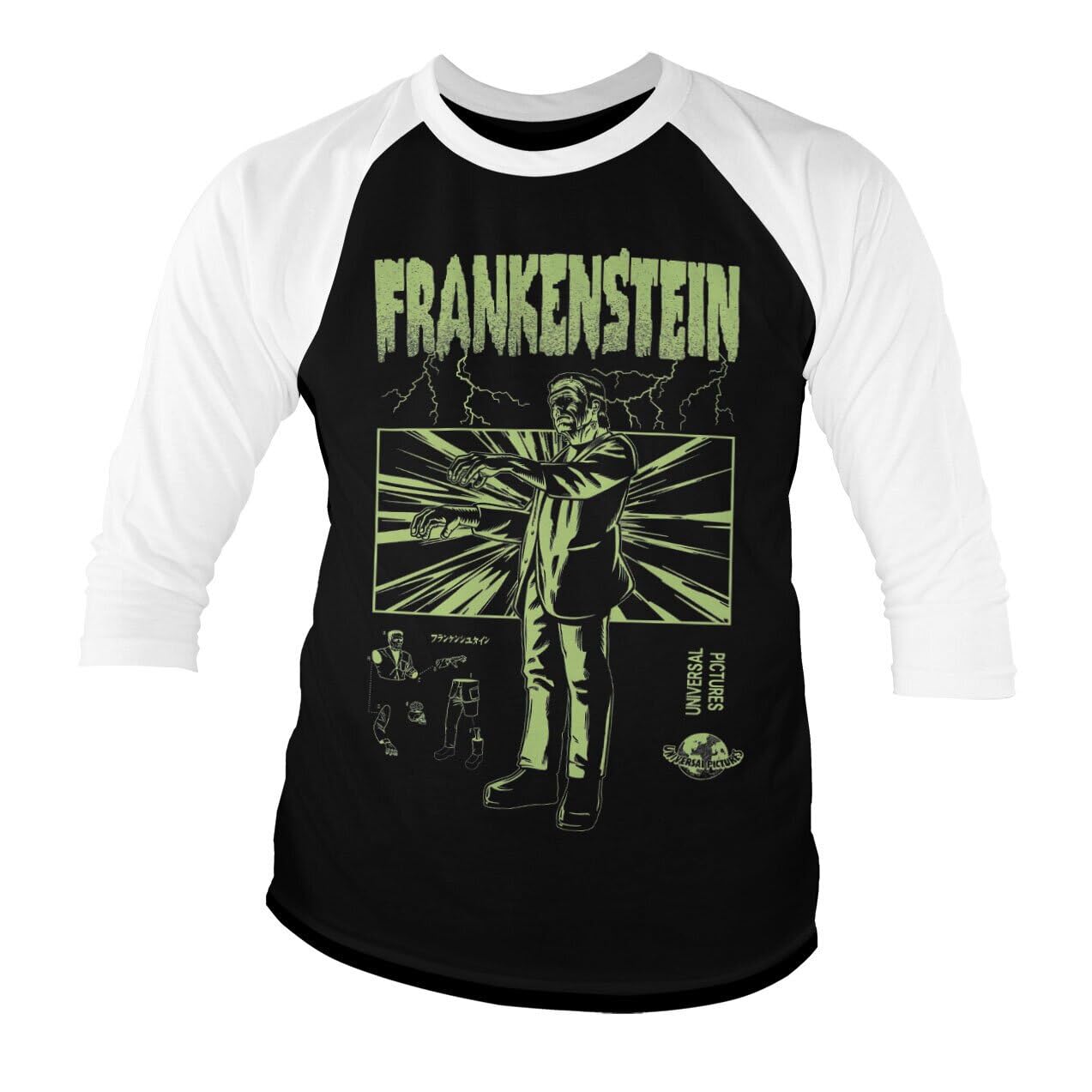 Universal Monsters Unisex White-Black Officially Licensed Frankenstein Retro Baseball 3/4 Sleeve T-Shirt (White-Black), Medium