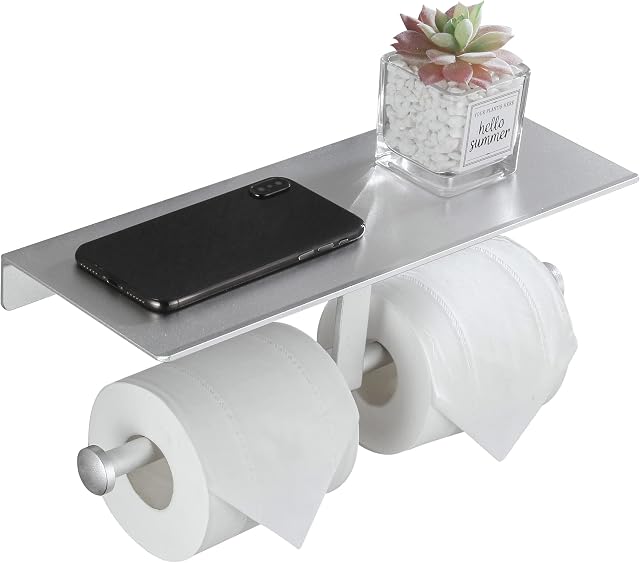 DUFU Toilet Roll Holder Wall Mounted Silver Toilet Paper Holder with Shelf Aluminum Double Toilet Tissue Holder Paste No Drilling or Screw Installation for Bathroom