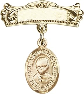Gold Filled Baby Badge with St. Maximilian Kolbe Charm and Arched Polished Badge Pin 7/8 X 3/4 inches