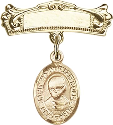 14kt Yellow Gold Baby Badge with St. Maximilian Kolbe Charm and Arched Polished Badge Pin 7/8 X 3/4 inches