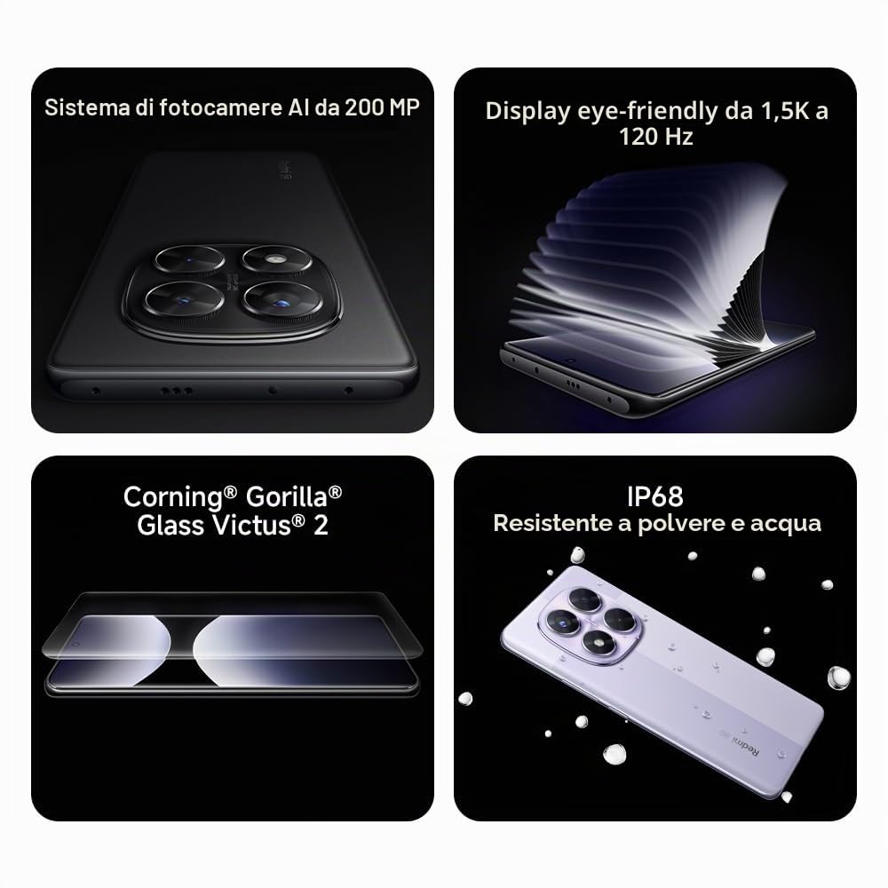 Xiaomi Smartphone Redmi Note 14 Pro 5G, 8+256GB, Nero, Fotocamera AI di grado professionale da 200 MP, IP68, ricarica turbo da 45 W con batteria da 5110 mAh, funzioni AI (caricabatterie non incluso),