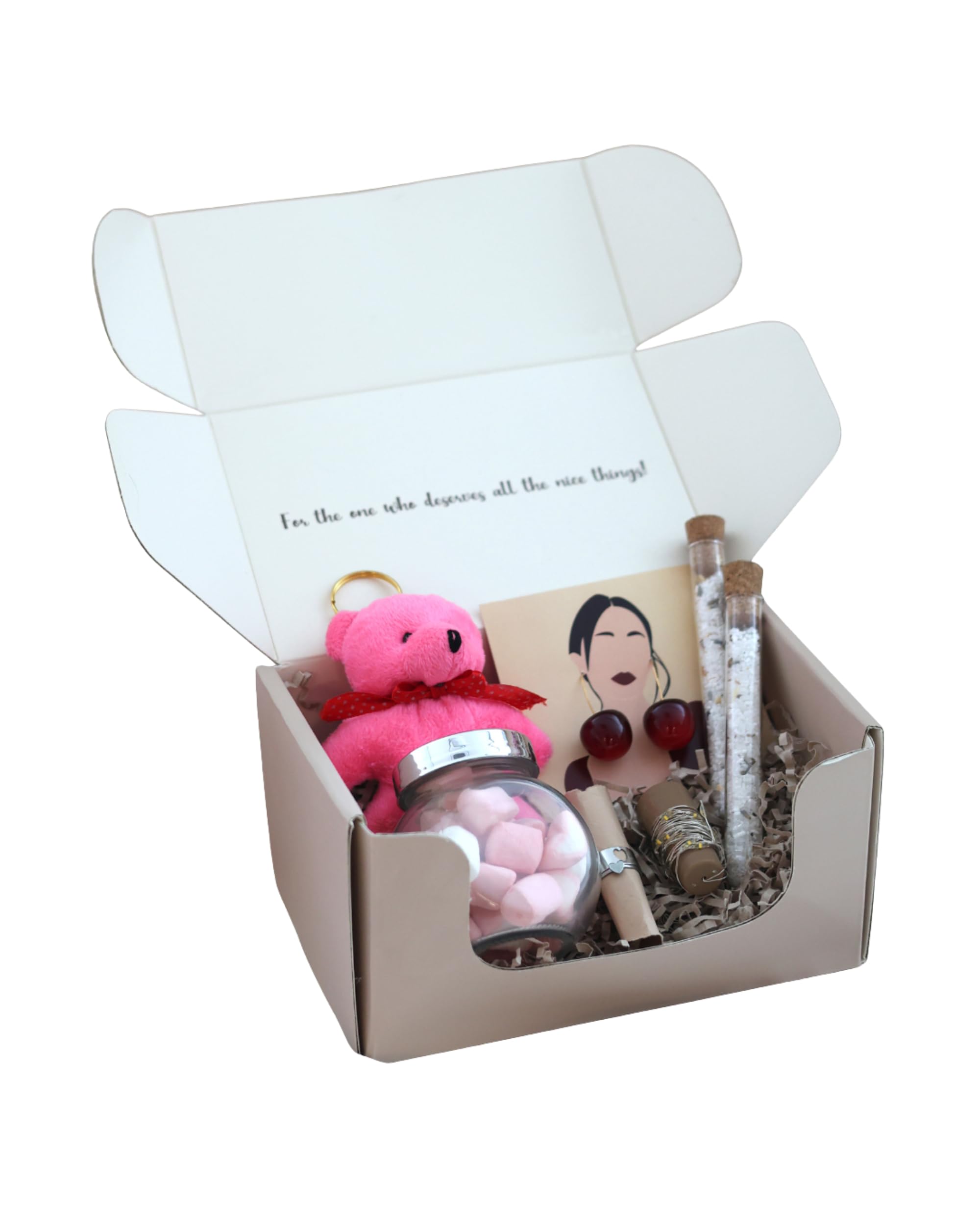 Romantic Valentine Gift Hamper for Her | Heart Ring, Earrings, Bath Salt, Fairy Lights & Teddy Keychain | Valentine Day Gift for Girlfriend-image-13