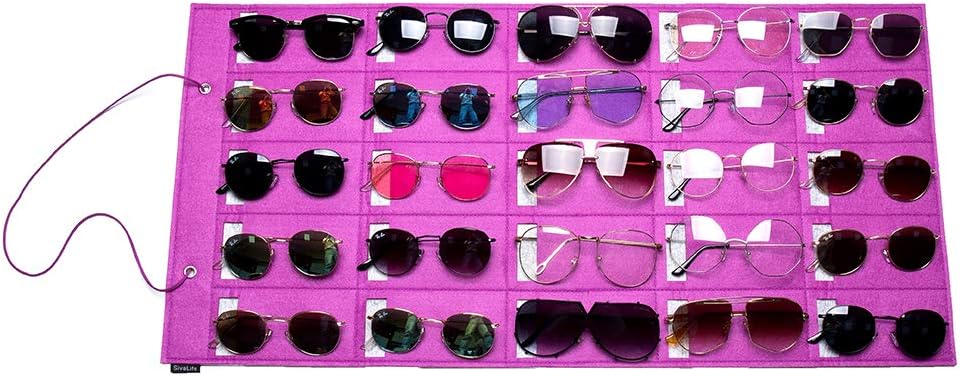 Sunglasses Organizer Storage- Hanging Eyeglasses Wall Pocket Mounted,Eyewear Display,25 Slots (Purple)