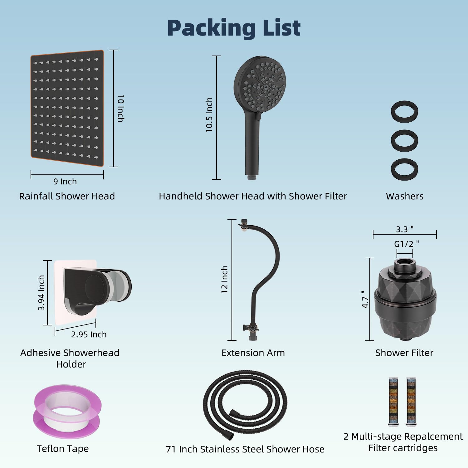 Hibbent All Metal 10'' Dual Filtered Rainfall Shower Head Combo, High Pressure Handheld Shower Head with 12'' Adjustable Extension Arm, 20 Stage Shower Filter, 10-spray, 71'' Hose, Oil Rubbed Bronze