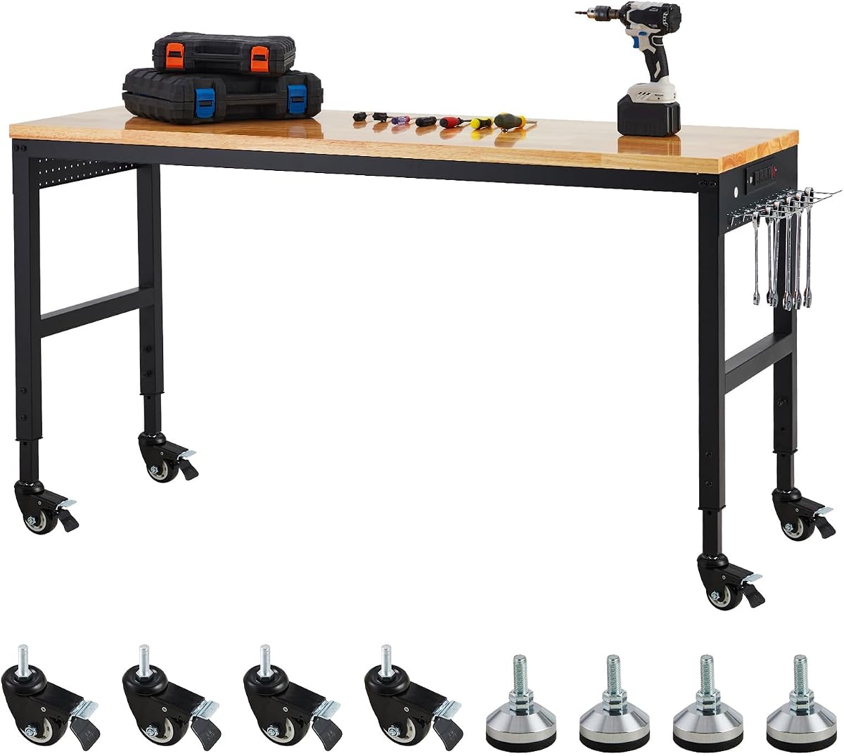 GAOMON 72"x25" Workbench, Heavy-Duty Garage Work Table, Heavy-Duty Table with Power Outlets, Rubber Wood Top, Adjustable Height 29.5"-38.4" for Workshop, Home, Office - 2000 Lbs Capacity