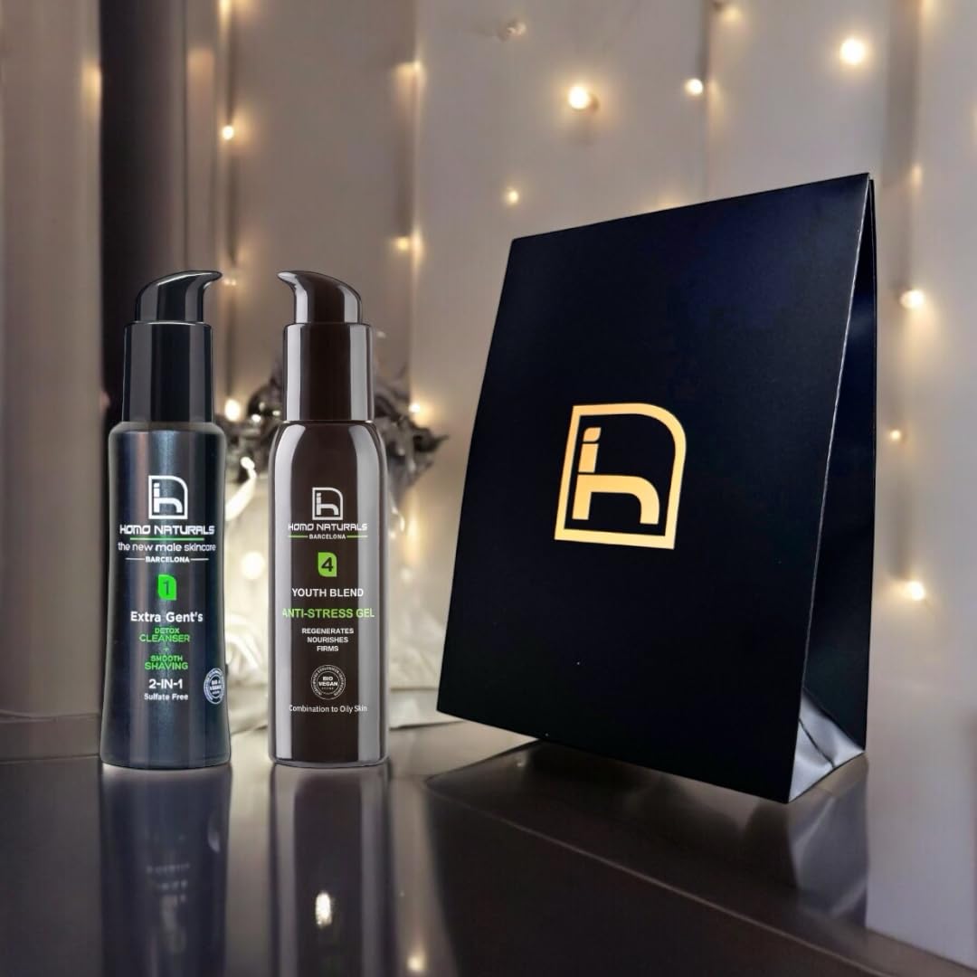 Homo Naturals Detergente Viso + Gel Antirughe - Set Regalo per Uomo - Cosmetici Maschile - Regali Uomo - Trattamento Viso 100% Naturale e Bio