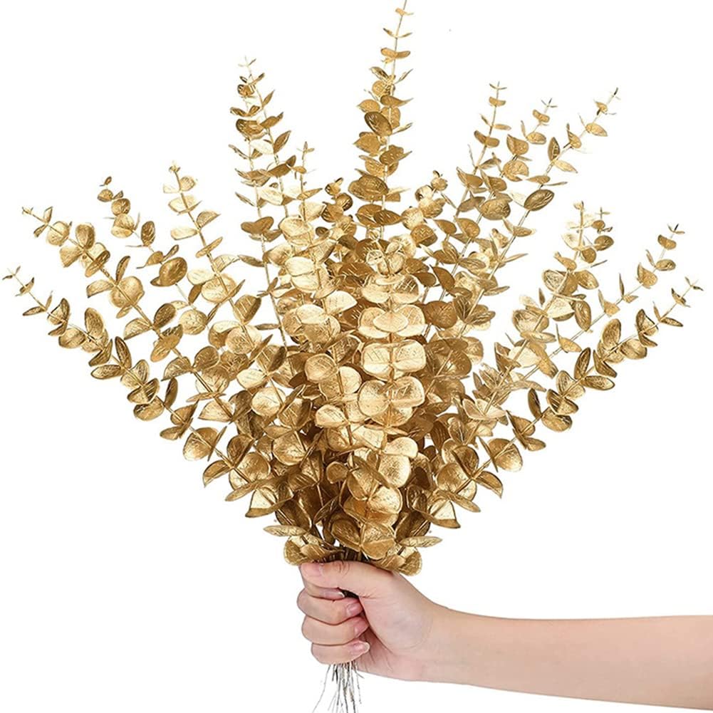 Garvee Artificial Eucalyptus Stems, 20PCS Autumn Gold Faux Greenery Stems for Vase, DIY Floral Arrangements, Wedding Bouquets, Centerpieces, Home and Office Decor, Realistic Simulation Plants