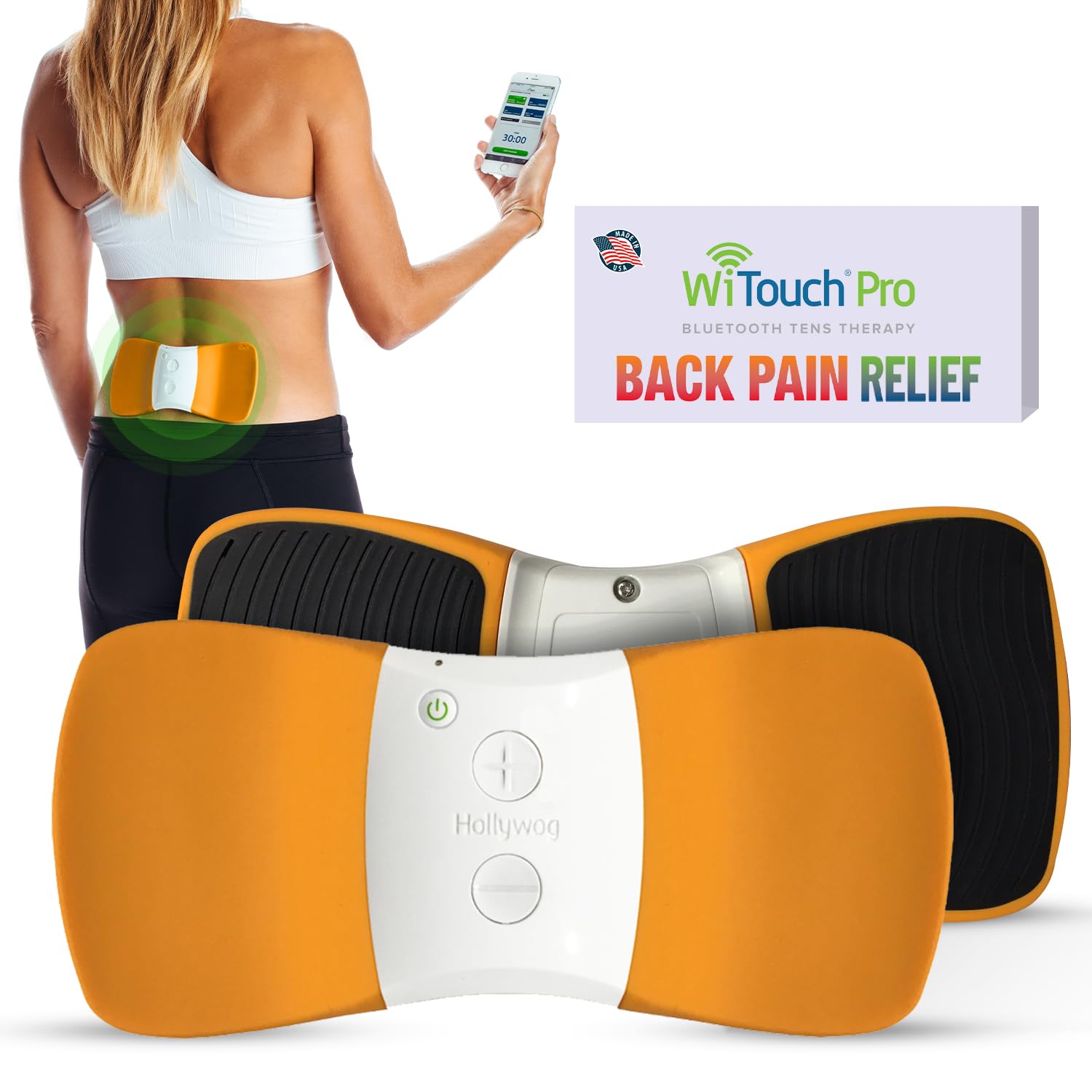 Hollywog WiTouch Pro TENS Unit for Back Pain Relief & Recovery, Wireless, Wearable, Made in USA, Gel Pads Included