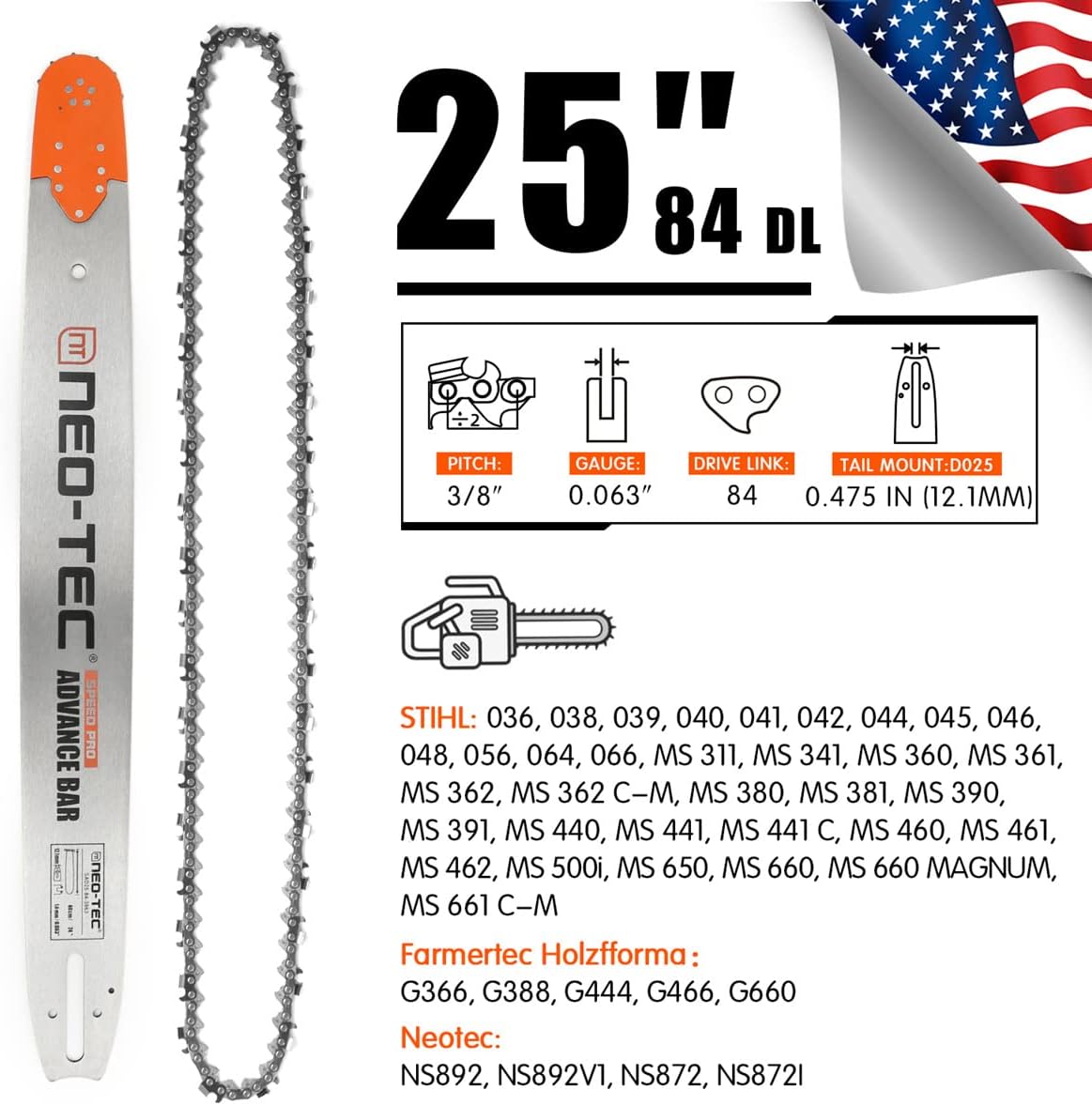NEO-TEC 24/25inch Laminated Chainsaw Guide Bar Saw Chain Combo 3/8 Pitch 0.375 Chain Pitch 0.063 Chain Gauge 84DL for Oregon 243RNDD025 Fit for Stihl MS660 381 066 with 0.063 Gauge Chain