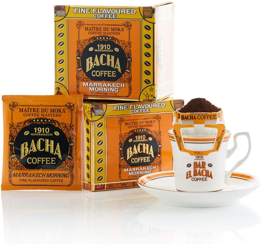 Bacha Coffee | Marrakech Morning Fine Flavoured, Medium Roast, 100% Arabica Specialty Coffee, 12 Coffee Drip Bags, Gift Box